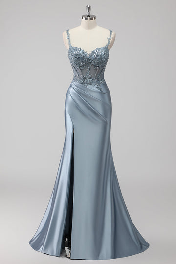 ZAPAKA Women Grey Blue Satin Corset Long Formal Dress with Slit Spaghetti Straps Sequin Appliqued Mermaid Lace Up Back Wedding Guest Dress
